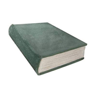Beyaza izole edilmiş yeşil ciltli kitap. Suluboya elle boyanmış. Klasik tasarım, bitkisellik, kütüphane, öğrenme, etiketler, okullar için logo gibi basit stil içeren kalın kitap yüksek kaliteli çizimler.