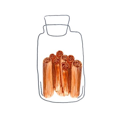 Sri Lanka tarçın, suluboya bir kavanoza yapışır. Beyaza izole edilmiş, yemek tasarımı için basit bir şekilde çizilmiş. Detaylı desenli sıcak kahverengi baharat yığını. Mutfak kullanımı, logo, baharat kutusu için ideal.