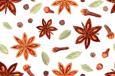 Yıldız anason, kakule, karanfil, beyaz üzerine dikişsiz siyah biberli suluboya deseni. Detaylı desenli ve gölgeli baharatlar. Mutfak, tekstil, ambalaj kağıdı, torbalar, baharat kapları için mükemmel..