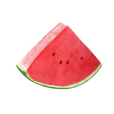 Karpuz dilimi kırmızı ve sulu, biraz da tohum. Beyaz arka planda izole edilmiş suluboya çizimi, yiyecek tasarımı için elle çizilmiş. Paketler, meyve suyu, smoothie, menü, organik gıda, dondurma etiketi, logo.