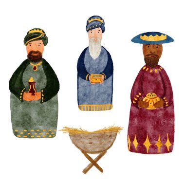 Magi, krallar ve yemlik Noel seti dijital suluboya ile boyandı. Kartlar, çıkartmalar, posterler, kasetler, gerçek Noel kutlaması, dekorasyon için yüksek kalite illüstrasyon. Sevimli minimalist klip