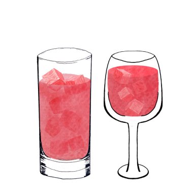 Karpuz küpleri ve pembe meyve suyuyla birlikte uzun bir bardak ve şarap bardağı. Suluboya, beyaza izole edilmiş mürekkep sanatı, yemek tasarımı için elle çizilmiş. Meyve suyu, smoothie, menü, organik yiyecekler, logo dekoru ve...