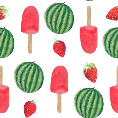Bütün karpuz ve ahşap bir çubukta çilekli dondurma. Beyaz arka planda izole edilmiş suluboya deseni, yiyecek tasarımı için elle çizilmiş. Paketler, menü, doğal organik gıda etiketi, logo