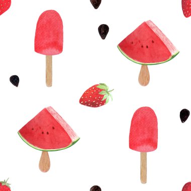 Karpuzlu dondurma, tahta bir çubukta birkaç tohum. Beyaz arka planda izole edilmiş suluboya çizimi, yiyecek tasarımı için elle çizilmiş. Paketler, menü, doğal organik gıda etiketi, logo dekoru