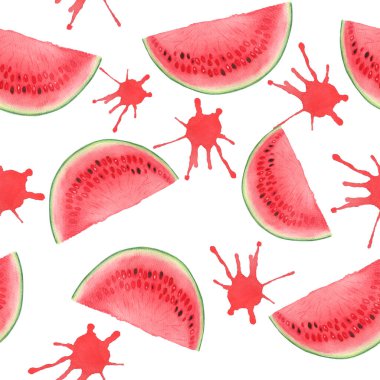 Bütün karpuz, birkaç tohumla sulu bir dilim, nane. Beyaz arka planda izole edilmiş suluboya deseni, yiyecek tasarımı için elle çizilmiş. Paketler, tekstil, ambalaj kağıdı, dondurma etiketi, logo.