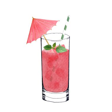 İçinde karpuz küpleri, pembe meyve suyu, nane ve pipet olan bir bardak. Suluboya, beyaza izole edilmiş mürekkep sanatı, yemek tasarımı için elle çizilmiş. Meyve suyu, smoothie, menü, organik yiyecekler, logo dekoru ve tasarım için harika.