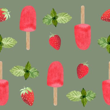 Çilekli dondurma, nane şekeri, ahşap çubukta dondurulmuş şerbet. Yeşil arka planda suluboya çizimi, yemek tasarımı için elle çizilmiş. Paketler, menü, ambalaj kağıdı, tekstil, mutfak, kafe dekorasyonu.