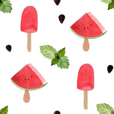 Çilekli karpuz dondurması, nane şekeri, ahşap bir çubukta donmuş şerbet. Beyaz üzerine izole edilmiş suluboya deseni, yemek tasarımı için elle çizilmiş. Paketler, menü, doğal organik gıda etiketi, tekstil.
