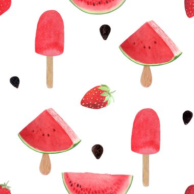 Tahta çubukta karpuz dondurması, biraz tohumla dilimlenmiş, çilekli. Beyaz üzerine izole edilmiş suluboya desenler, tasarım için elle çizilmiş. Paketler, menü, doğal organik gıda etiketi, logo