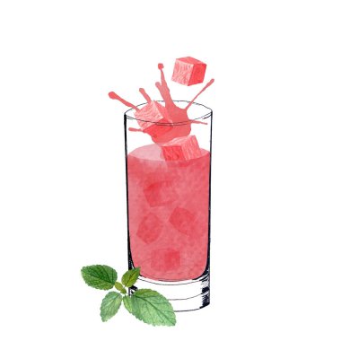 Karpuz küplü bir bardak, üzerine pembe nane şekeri serpiştirilmiş. Suluboya, beyaza izole edilmiş mürekkep sanatı, yemek tasarımı için elle çizilmiş. Meyve suyu, smoothie, menü, organik yiyecekler, logo dekoru ve tasarım için harika.