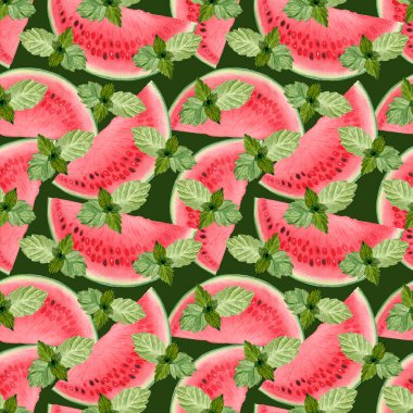 Nane yapraklı karpuz sulu dilimler. Koyu yeşil arka planda dikişsiz suluboya desen, yiyecek tasarımı için elle çizilmiş. Paketler, tekstil, ambalaj kağıdı, yaz içecekleri, içecekler, mutfak dekorasyonu.
