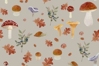 Orman mantarı ve yapraklar açık gri arka planda dikişsiz sulu boya deseni. El yapımı yüksek kaliteli sanat eseri. Vahşi orman bitkileri çocuk tasarımları, duvar kağıtları ve yiyecek paketleri için basit bir tarzdadır..