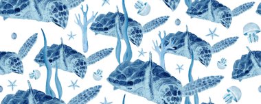 Deniz kaplumbağası yosunları, beyaza izole edilmiş mavi suluboya desenli. Not defterleri, posterler, duvar kağıtları, tekstil, ambalaj kağıdı, eko, oda dekorasyonu, tasarım için yüksek kaliteli el yapımı monokromatik sanat.
