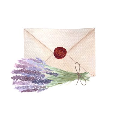 Lavanta buketi, beyaz üzerine izole edilmiş balmumu suluboya kompozisyonu ile mühürlenmiş bir zarf. Suluboya elle boyanmış. Çıkartmalar, not defterleri, dekorlar, paketler, bitkisel üretim için yüksek kaliteli sanat eserleri.