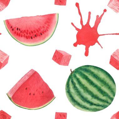 Bütün karpuz, birkaç tohum ve küp ile sulu bir dilim. Beyaz arka planda izole edilmiş suluboya deseni, yiyecek tasarımı için elle çizilmiş. Paketler, tekstil, ambalaj kağıdı, dondurma etiketi, logo