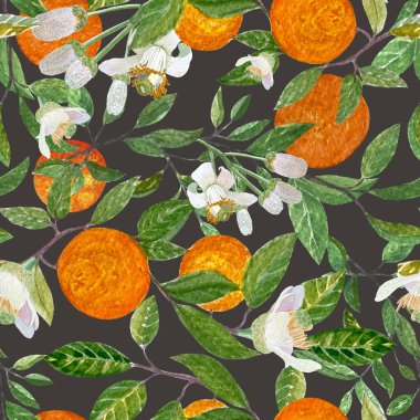 Canlı yapraklı turuncu dallar, narin çiçekler, tomurcuklar ve koyu arkaplanda olgun meyve rengi deseni. El boyaması sanat doğanın özünü yakalar, ev dekorasyonu, tekstil ve...