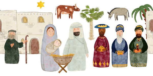 Christmas nativity scene seamless border in watercolor on white background. Illustration for calendar, banners, wrapping paper, textile, Christmas, advent, tape, stickers, posters and totes design.