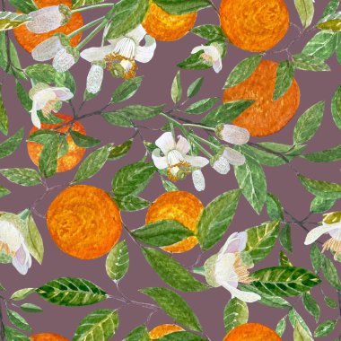 Meyveli, çiçekli, tomurcuklu turuncu dallar ve mor üzerine dikişsiz suluboya desenleri bırakıyor. El boyaması çizimler doğanın özünü yakalar, ev dekorasyonu için mükemmeldir, kokulu mumlar, tekstil.