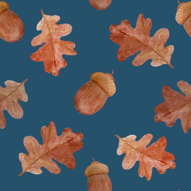 Donanma arka planında dikişsiz palamut rengi bir meşe yaprağı. Orman tasarımları, kartlar, tekstil, ambalajlar için basit düz bir orman bitkisiyle yüksek kaliteli el yapımı çizimler..