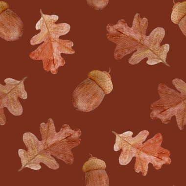 Kahverengi kırmızı arka planda, meşe palamutlu, dikişsiz bir meşe yaprağı. Orman tasarımları, kartlar ve tekstil için basit düz stil vahşi orman bitkisiyle yüksek kaliteli el çizimi.