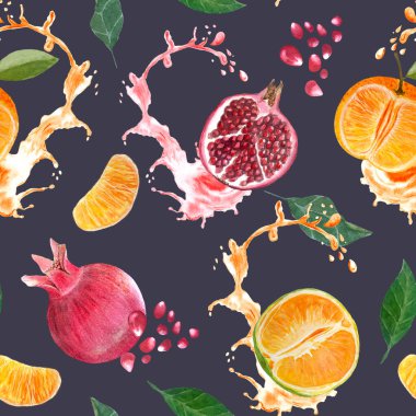 Çekirdekli nar, yeşil yapraklı portakal meyveleri ve koyu mor arka planda dikişsiz suluboya deseni. El yapımı gerçekçi meyveler hasat, tekstil ve aşçılık için harikadır.
