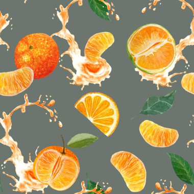 Portakal, mandalina, bütün, meyve suyu sıçraması ve yapraklarla dilimlenmiş gri arka planda dikişsiz desen, el çizimi mutfak, tekstil, paket tasarımı, ambalaj kağıdı, posterler, kafe menüsü dekorasyonu