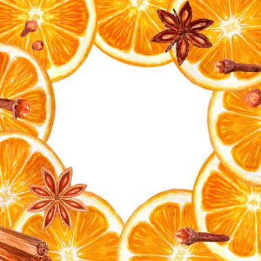 Tarçın, yıldız anason, beyaza izole edilmiş turuncu suluboya çerçeve. Ayrıntılı dokusu olan yüksek kaliteli gerçekçi el çizimi sanatı. Mutfak projeleri, kartlar, menüler, yemek logosu, Noel için mükemmel.