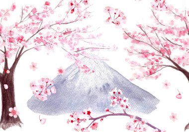 Pembe sakura ağacı, dal, çiçekler ve beyaza izole edilmiş dağsız bir desen. Suluboya el yapımı yüksek kaliteli doğa tasarımı elementleri tekstil, ambalaj ve doğu tasarımı için harika.
