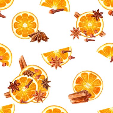 Tarçınlı bir dilim portakal, yıldız anason, beyaza izole edilmiş dikişsiz suluboya deseni. Kaliteli el çizimi sanat, detaylı doku, mutfak, Noel tasarımı, menü, tekstil için mükemmel.