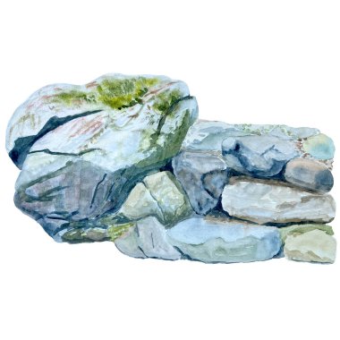 Kaya oluşumu nehir kenarı tasarım elementi. Suluboya el resmi beyaza izole edilmiş. Doğa, manzara, bahçe, tırmanma tasarımı. Kartlar ve pankartlar için yüksek kaliteli illüstrasyon