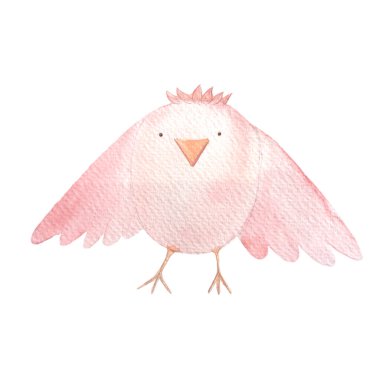 Pembe hatun dimdik ayakta duruyor, çizgi film karakteri, elle boyanmış suluboya beyaz üzerine izole edilmiş. Çocuk tasarımı, duvar kağıdı, posterler, tekstil, defterler, kartlar, çantalar için harika bir resim.