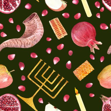 Shofar, menorah, elma, nar, bal peteği ve koyu yeşil arka planda bir mum boyası. Rosh Hashanah, Yom Kippur tekstili, el işi, ambalaj için mükemmel el yapımı elementler.