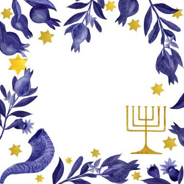 Rosh Hashanah, Hanuka suluboya kare çerçevesi beyaza izole edilmiş. Menora ve nar yıldızı Shofar mavisi ve beyaz üzerine izole edilmiş altın sanat eserleri. Koyu mavi altın kartlar ve posterler için harikadır. Yahudi geleneği.