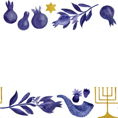 Rosh Hashanah, Hanuka suluboya kusursuz bayrak. Menorah nar, beyaz üzerine izole edilmiş yıldız shofar illüstrasyonu. Kartlar, afişler, posterler için harika bir şenlik lacivert altın. Yahudi geleneği.