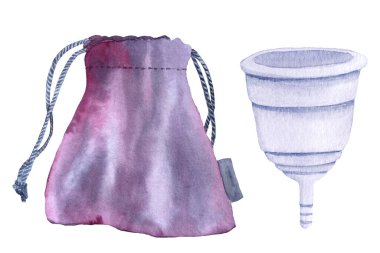 Bir adet bardağı ve beyaz üzerine izole edilmiş bir kumaş depolama kesesi suluboya seti. Çevre dostu regl tasarımı, reklamlar, ambalajlar, modern kadınların sürdürülebilir yaşam tarzı hakkında bloglar için harika..