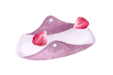 Üzerinde pembe taç yaprakları olan yeniden kullanılabilir periyot yastığı beyaza izole edilmiş suluboya bileşimi. El yapımı tasarım regl tasarımı, reklamlar, ambalajlar, kartlar, pankartlar, logolar ve etiketler için mükemmeldir..