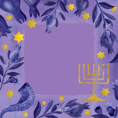 Rosh Hashanah, mor arka planda Hanuka suluboya kare çerçevesi. Menora ve nar yıldızı Shofar mavisi ve beyaz üzerine izole edilmiş altın sanat eserleri. Koyu mavi altın kartlar ve posterler için harikadır. Yahudi