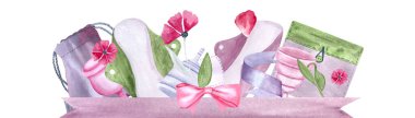 A menstrual cup, a period pad, a fabric pouch ribbons petals watercolor banner isolated on white. Great for eco-friendly menstrual care design, cards, advertisement, packaging, websites. Sustainable clipart