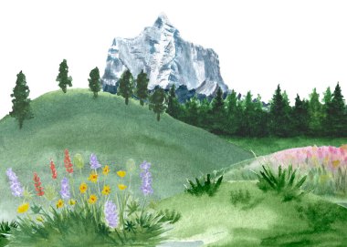 Ormanlı dağ manzarası ve gelincikler yaklaşıyor. Suluboya el kartları, afişler, paketler, davetiyeler, defterler, turist rehberleri tasarımı için yüksek kalite resimleme.