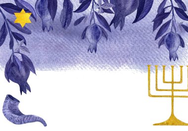 Rosh Hashanah, Hanuka suluboya yatay kartı. Menorah nar, yıldız shofar mor altın sanat beyaz üzerine izole. Bayram koyu mavi ve altın afişler ve posterler için harika. Yahudi geleneği.