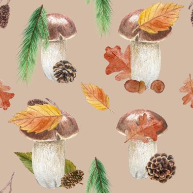 Porcini mantarı, kızılağaç yaprağı, kozalak, çam ağacı, meşe rengi bej arka planda pürüzsüz desen. Tekstil, posterler ve sonbahar dekorasyonu için mükemmel bir el yapımı bitki çizimi..
