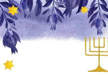 Rosh Hashanah, Hanuka suluboya pankartı. Menora nar, yıldız mavisi ve beyaz üzerine izole edilmiş altın sanat. Şenlikli koyu mavi ve altın kartlar ve posterler için harika. Yahudi geleneği..
