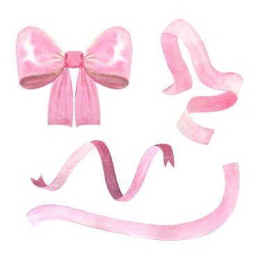 Saten bir fiyonk, pembe renkli bir kurdele, beyaza izole edilmiş suluboya bir resim seti. El yapımı tasarım ögesi logotlar, etiketler, web siteleri, kartlar, posterler, çerçeveler, anne günü dekorasyonu için mükemmeldir.