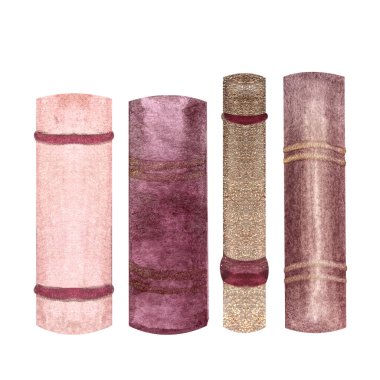 Pembe ve altın kaplı ciltli kitaplar beyaza izole edilmiş suluboya seti. El boyaması yüksek kalite kitap illüstrasyonu kütüphane, kitapçı, okul, öğrenme, etiketler, logo dekoru tasarımı için mükemmel.