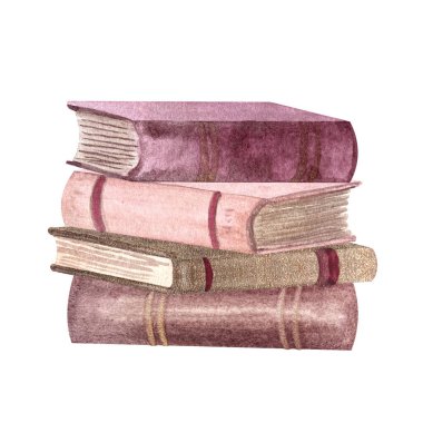 Pembe ve altın kaplı eski kitaplar. Beyaz üzerine izole edilmiş suluboya resimler. Elle boyanmış kalın kitaplar durağanlık, kitapçı, okuma teması, kitap kulübü etiketleri, logo dekoru için mükemmel..