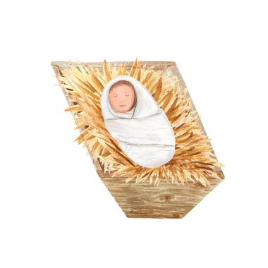 Beyaz üzerine izole edilmiş bebek İsa suluboya resimli ahşap ahşap ahır. El boyası kartlar, çıkartmalar, gerçek Noel kutlamaları, dekorasyon tasarımı için mükemmel. Hıristiyan geleneği.