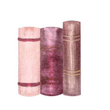 Pembe ve altın kaplı ciltler beyaza izole edilmiş suluboya bileşimi içerir. El boyaması yüksek kalite kitap illüstrasyonu kütüphane, kitapçı, öğrenme, etiketleme, logo dekoru tasarımı için mükemmel.