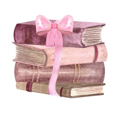 Üzerinde pembe kurdele olan pembe ve altın kaplı eski kitaplar. Beyaz üzerine izole edilmiş suluboya kompozisyonu. Elle boyanmış kalın kitaplar staj, okuma teması, kitap kulübü etiketleri, logo için mükemmel.