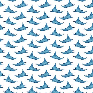 Manta ışını dalgası suluboya deseni beyazda izole edilmiş. Not defterleri, posterler, duvar kağıtları, tekstil, plaj havlusu, ambalaj kağıdı ve oda dekorasyonu için yüksek kaliteli el yapımı monokromatik çizimler.