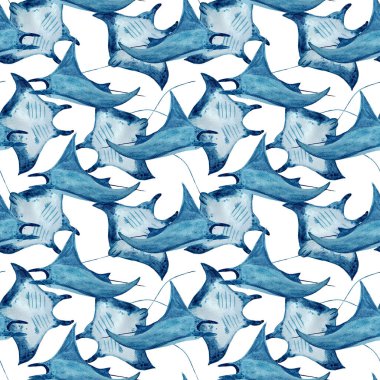 Manta vatozu yoğun suluboya deseni beyazda izole edildi. Not defterleri, posterler, duvar kağıtları, tekstil, plaj havlusu, ambalaj kağıdı ve oda dekorasyonu için yüksek kaliteli el yapımı monokromatik çizimler.
